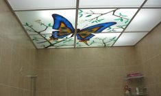 a bathroom with a butterfly painted on the ceiling