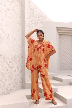 Fresh, modern, and perfect for everyday wear, you will never be bored with your wardrobe again. Our block-piece co-ord set is a wardrobe staple you can’t miss out on. Hand block printed in Jaipur, Rajasthan.Made in natural crepe. Kaftan Shirt features a front placket, shirt highlighted with gold embellishment. Pants feature an elasticated back waist, side zipper, and front hip pockets. Styling Tip- Pair it with a jute bag and dainty jewelry for your next brunch date. Natural Crepe 1 pant and 1 b Summer Viscose Workwear Sets, Summer Workwear Sets In Viscose, Summer Workwear Viscose Sets, Summer Cotton Sets With Set-in Sleeves, Casual Summer Viscose Sets, Summer Workwear Sets With Set-in Sleeves, Printed Sets With Relaxed Fit, Printed Relaxed Fit Sets, Yellow Matching Sets For Loungewear