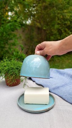 a person holding a blue clochet on top of a table next to a potted plant