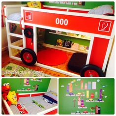 a child's bedroom with a train bed and play area