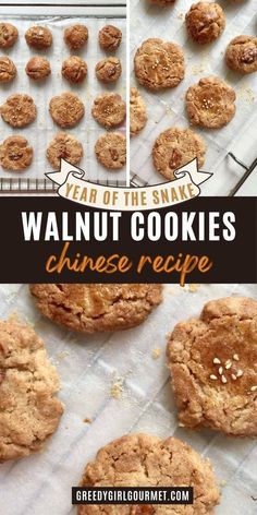 cookies on a baking sheet with the words, year of the snake walnut cookies chinese recipe