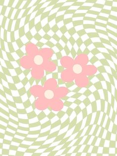 some pink flowers are on a green and white striped background with an optical pattern in the middle