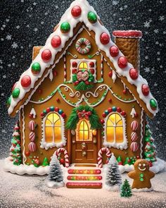 a gingerbread house decorated for christmas with candy and decorations on the front door, windows, and porch