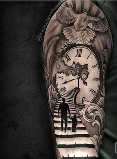 a man with a clock tattoo on his arm is standing next to a stair case