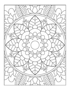 a coloring page with an intricate flower design in the center and leaves on it's sides