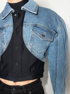 Mugler Panelled Cropped Denim Jacket - Farfetch Mugler Denim, Jackets 2022, Cropped Boyfriend Jeans, Jeans Cropped, Designer Denim, Bleached Denim, Frayed Jeans, Distressed Boyfriend Jeans, Floral Denim