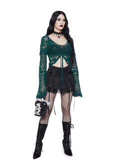 Widow Crochet Knit Long Sleeve Cardigan - Green – Dolls Kill Fitted Long Sleeve Crochet Top For Festival, Long Sleeve Lace Crochet Top For Festival, Long Sleeve Crochet Top For Festivals, Rave Shoes, Cardigan Green, Clothing Aesthetic, White Dress Shoes, Fairy Dresses, Micro Skirt