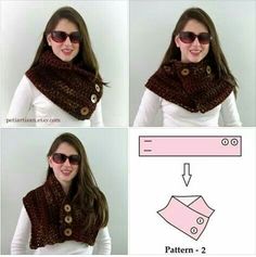 the instructions for how to make a scarf with buttons on it are shown in three different pictures