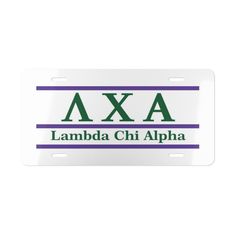 a white license plate with the word, lambda chi alpha on it's side