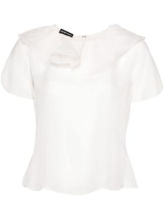 white silk organza ruffled detailing round neck short sleeves rear zip fastening flared hem White Short Sleeve Evening Blouse, Elegant Fitted White Short Sleeve Top, White Silk Top With Ruffles, Evening Top With Ruffles And Short Sleeves, Short Sleeve Ruffled Blouse For Evening, White Silk Blouse With Ruffles, Evening Blouse With Ruffles And Short Sleeves, Formal Short Sleeve Blouse With Ruffles, Elegant Short Sleeve Blouse With Ruffle Hem