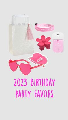 the birthday party favors include pink sunglasses, paper flowers and a white gift bag that says 2012 birthday party favors