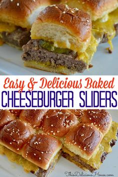 cheeseburger sliders are stacked on top of each other and ready to be eaten