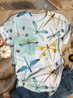 Dragonfly Bug Crew Neck T-shirt,Come to wonderclosets to Find your Favorite. Multicolor Stretch T-shirt For Summer, Stretch T-shirt With All Over Print For Summer, Stretch T-shirt With Sublimation Print For Spring, Stretch Summer Tops With Sublimation Print, Summer Stretch Tops With Sublimation Print, Summer Stretch Top With Sublimation Print, Summer Stretch Printed T-shirt, Stretch Printed T-shirt For Summer, Spring T-shirt With Sublimation Print