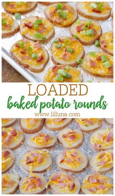 loaded baked potato rounds with bacon and green onions in the middle on a baking sheet