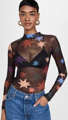 DRESS TO Orion Print Tulle Top | Shopbop Long Sleeve Mesh Top With Graphic Print For Party, Long Sleeve Graphic Print Mesh Top For Party, Sheer Multicolor Mesh Top, Multicolor Sheer Long Sleeve Top, Multicolor Sheer Mesh Top, Stretch Mesh Top With Graphic Print For Party, Multicolor Sheer Long Sleeve Mesh Top, Sheer Multicolor Stretch Mesh Top, Fall Party Mesh Top With Graphic Print