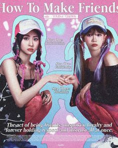 an advertisement with two young women wearing hats and holding their hands out to each other