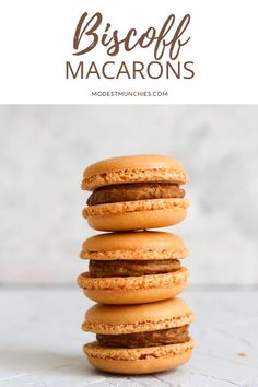 three cookies stacked on top of each other with the words biscoff macarons above them