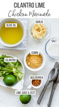 ingredients to make cilantro lime chicken marinade in bowls on a white counter