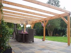 an outdoor dining area with patio furniture and wooden pergolan roof over the table