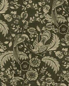 an old fashioned wallpaper with birds and flowers on dark green background, from the early 20th century