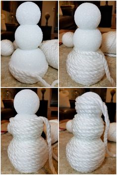 four pictures of snowmen made out of rope and cotton balls, all in different positions