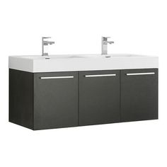 two sinks are shown on the side of a wall mounted vanity with grey cabinets and white counter tops