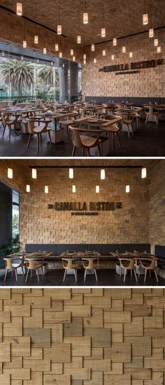 the inside and outside of a restaurant with wooden tables, benches and lights hanging from the ceiling