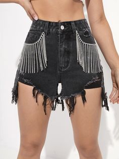 Denim And Diamonds Party Outfit Country, Nashville Party Outfit, Sparkly Cowgirl Outfit, Rhinestone Cowgirl Outfits, Cowgirl Festival Outfit, Fringe Crafts, Rhinestone Fringe Shorts, Cowgirl Bachelorette Party Outfits, Shorts With Fringe