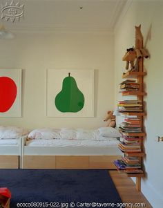 a bedroom with two beds and bookshelves in it