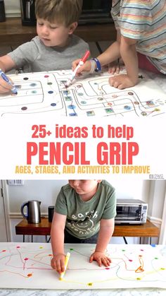 two young boys playing with pencils and paper on the table in front of them