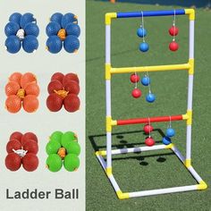 the ladder ball game is made from plastic balls and stands on artificial grass with flowers