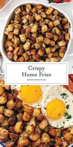 crispy home fries with fried eggs and strawberries on the side in a white bowl