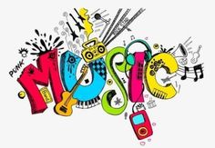 the word music is made up of colorful letters and musical instruments on a white background