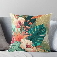 tropical flowers and leaves on a white background throw pillow