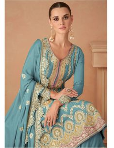 Buy a Real Chinon Short Anarkali With Sharara On Rutbaa Anarkali With Sharara, Eugeniya Belousova, Short Anarkali, Cyan Color, Green Anarkali, Silk Anarkali, Cyan Colour, Hijab Wedding