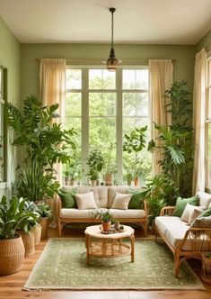 a living room filled with furniture and lots of green plants in the window sill