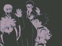 three anime characters standing next to each other in front of a black background with pink ink