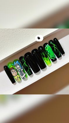 Rick And Morty Cartoon, Rick E Morty, Black Nails With Glitter, Square Press On Nails, Yellow Nails Design, Hippie Nails, Lace Nails, Drip Nails, Rick Y Morty