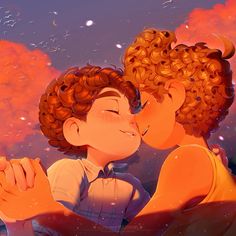 two people kissing each other in front of an orange sky with clouds and stars behind them