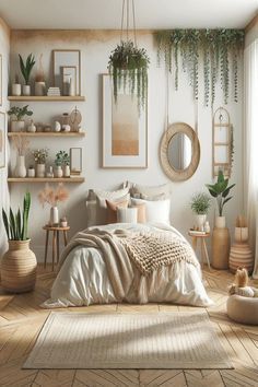 the bedroom is decorated in white and has plants hanging on the wall above the bed