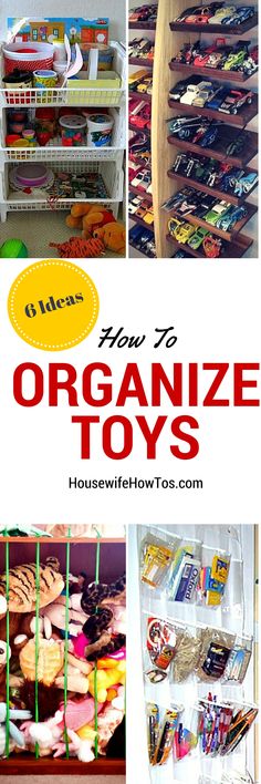 there are pictures of organized toys in the closet