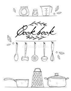 an illustration of kitchen utensils and cookbooks on a white background with the words cookbook above them