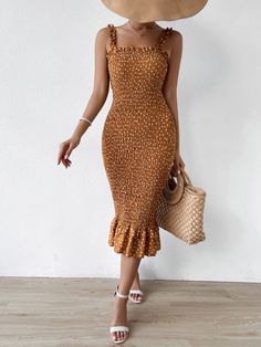 Brown Boho Collar Sleeveless Polyester Polka Dot Cami Embellished Non-Stretch Summer Women Dresses Ruffle Trim Dress, Trim Dress, Women Dresses, Ruffle Trim, Dress P, Summer Women, One Shoulder Dress, Sleeveless Dress, Polka Dot