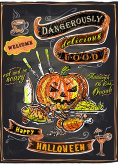 a chalkboard halloween menu with pumpkins and other items