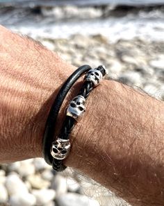 "Silver and leather bracelet, boho style, for men, handmade. skull bracelet The bracelet is made of genuine leather and silver beads. All silver pieces are hypoallergenic (nickel and lead free) with an 8 micron sterling silver plating. You could wear this cute boho bracelet for MEN in any occasion, formal or casual, making you look super chic and cute. This original boho bracelet could be a perfect gift for women, a friend, a loved one, or why not, for yourself. How to measure your wrist size? ( Boho Style For Men, Skull Model, Style For Men, Bracelet Leather, Skull Bracelet, Men's Bracelet, Mens Leather Bracelet, Bracelet Cuir, Boho Bracelet