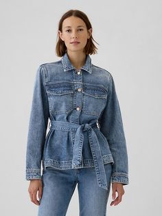 Denim Shirt Jacket, Water Saving, Jeans Jacket, Belted Jacket, Gap Women, Sleek Look, Tie Belt, Denim Shirt, Recycled Cotton