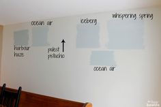 a dining room wall with different shades of blue and white paint on it, labeled where to go