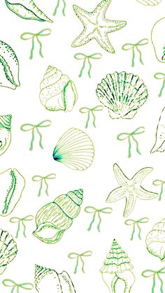 sea shells and starfish are drawn in green ink