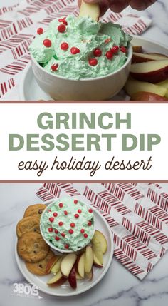 an image of a dessert with green frosting and apples on it, and the words grin desert dip easy holiday dessert