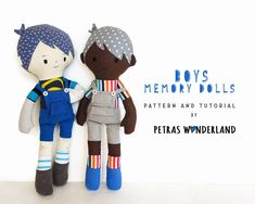 two dolls are standing next to each other on a white background with the words boys's memory dolls written below them